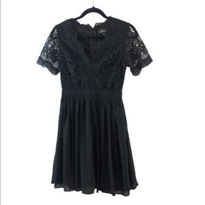 Lulu’s Plunging V-Neckline Contrast Lace Flare skater Dress